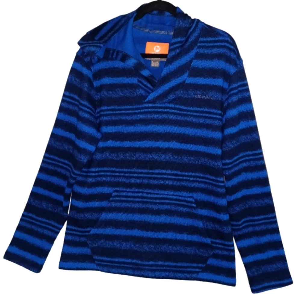 Merrell Men's Large Skyway Hoodie Blue Striped Pullover Fleece